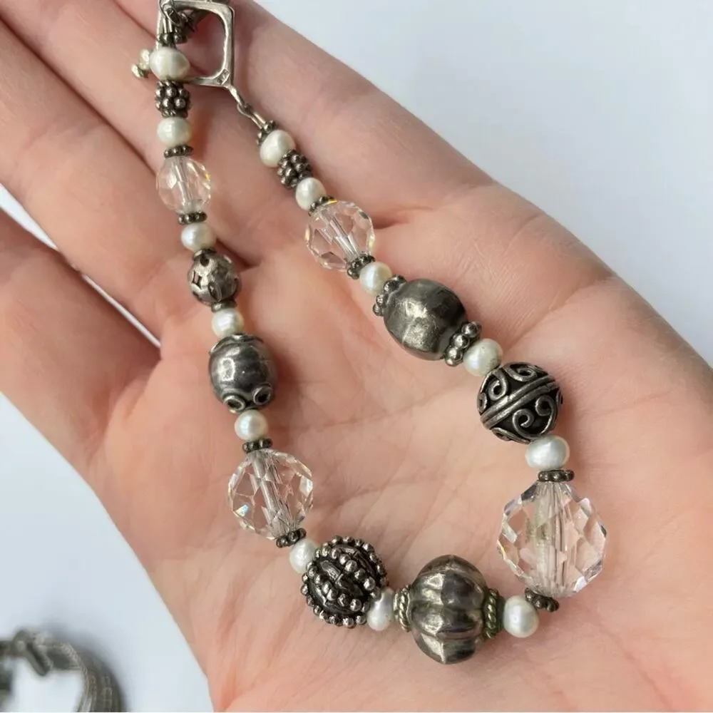 925 Silver & Clear Glass Beads Beaded Bracelet Marked Charms